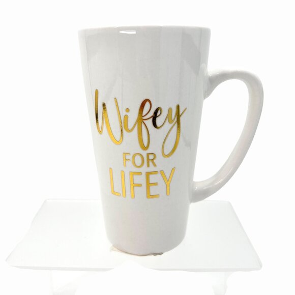 NWT WIFEY FOR LIFEY TALL WHITE & GOLD CERAMIC MUG WEDDING BRIDE GIFT RING - Picture 2 of 6
